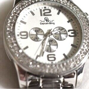Captain Bling Statement Rhinestone Silver Tone Link Band Watch Works New Battery